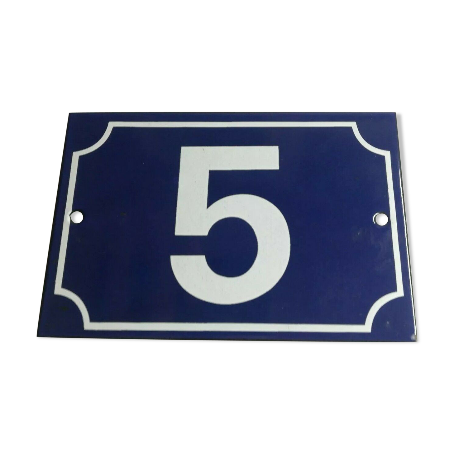 Blue and white enamel plate number 5
