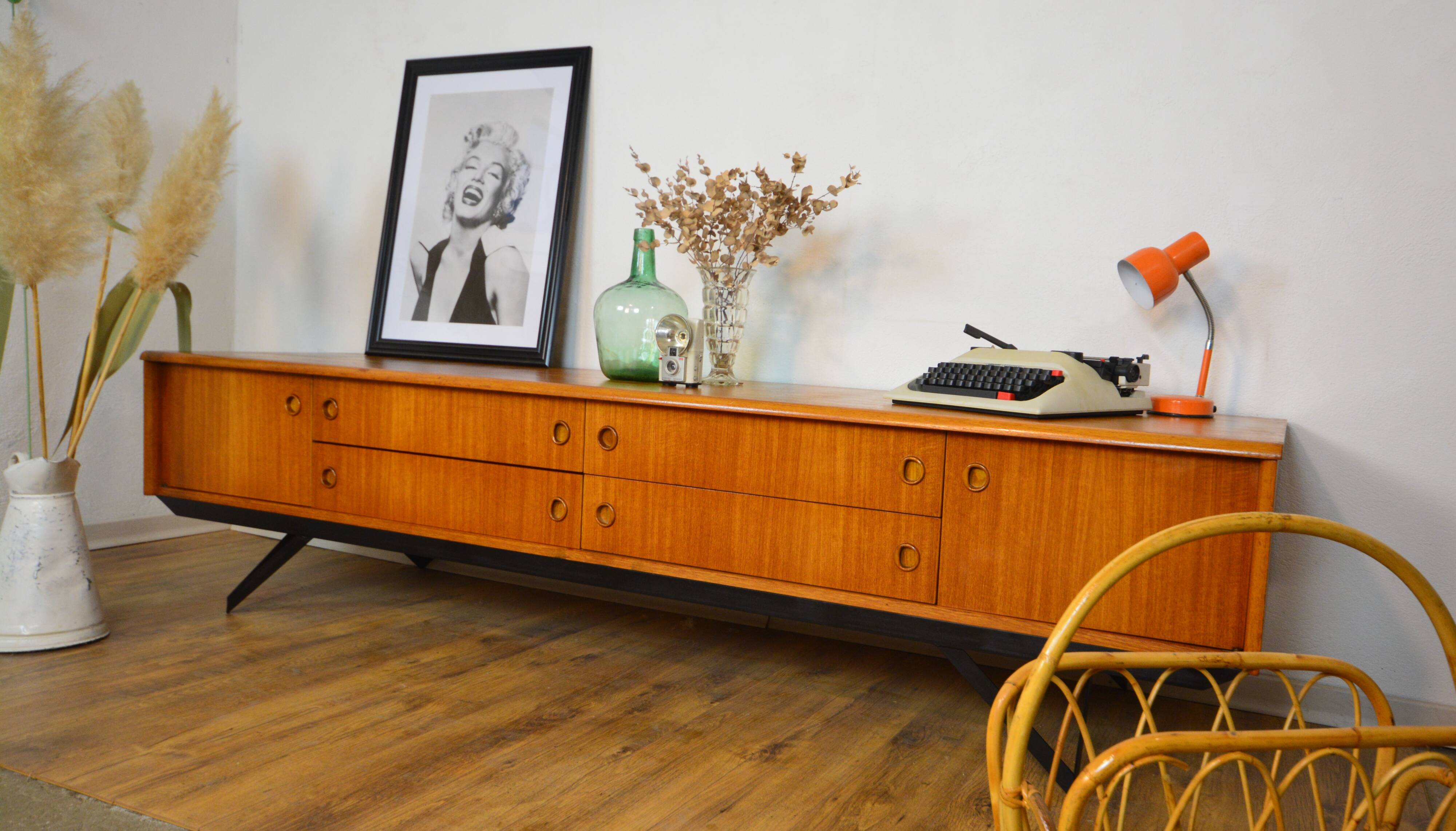 Low Scandinavian teak sideboard Metal