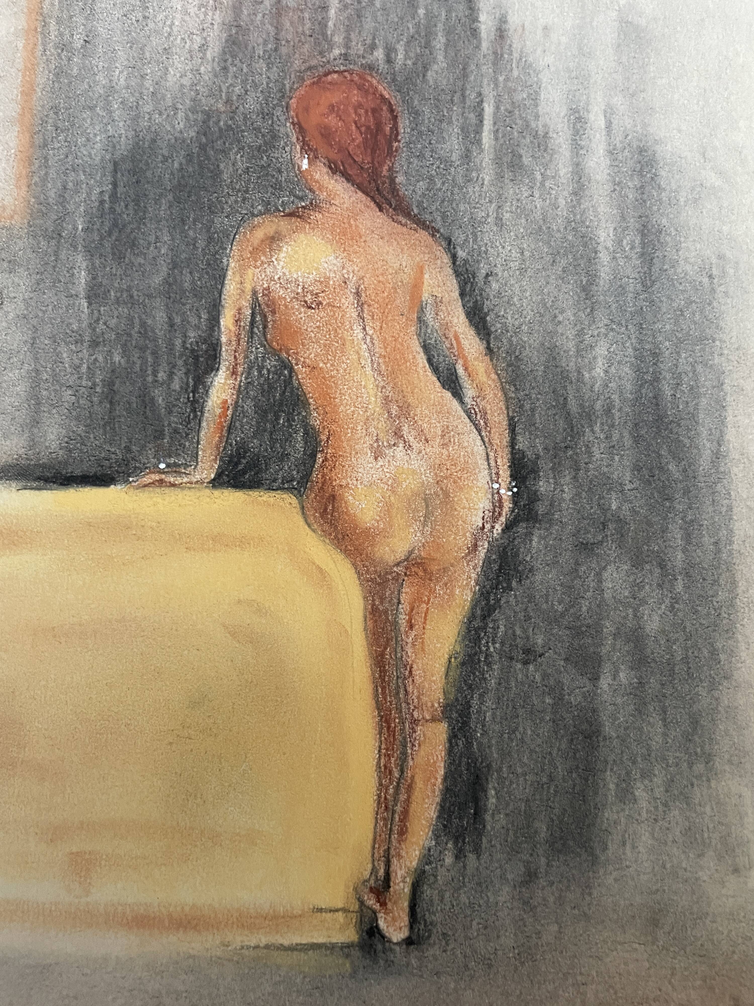 Painting signed pastel female portrait “the ocher sofa” 42x30 cm