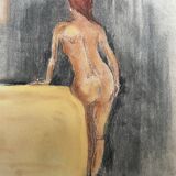 Painting signed pastel female portrait “the ocher sofa” 42x30 cm