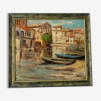 Painting signed Filhos oil on panel 1950 "Martigues"