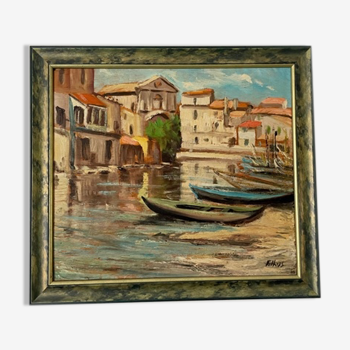 Tableau signé Filhos huile sur panneau 1950  "Martigues"