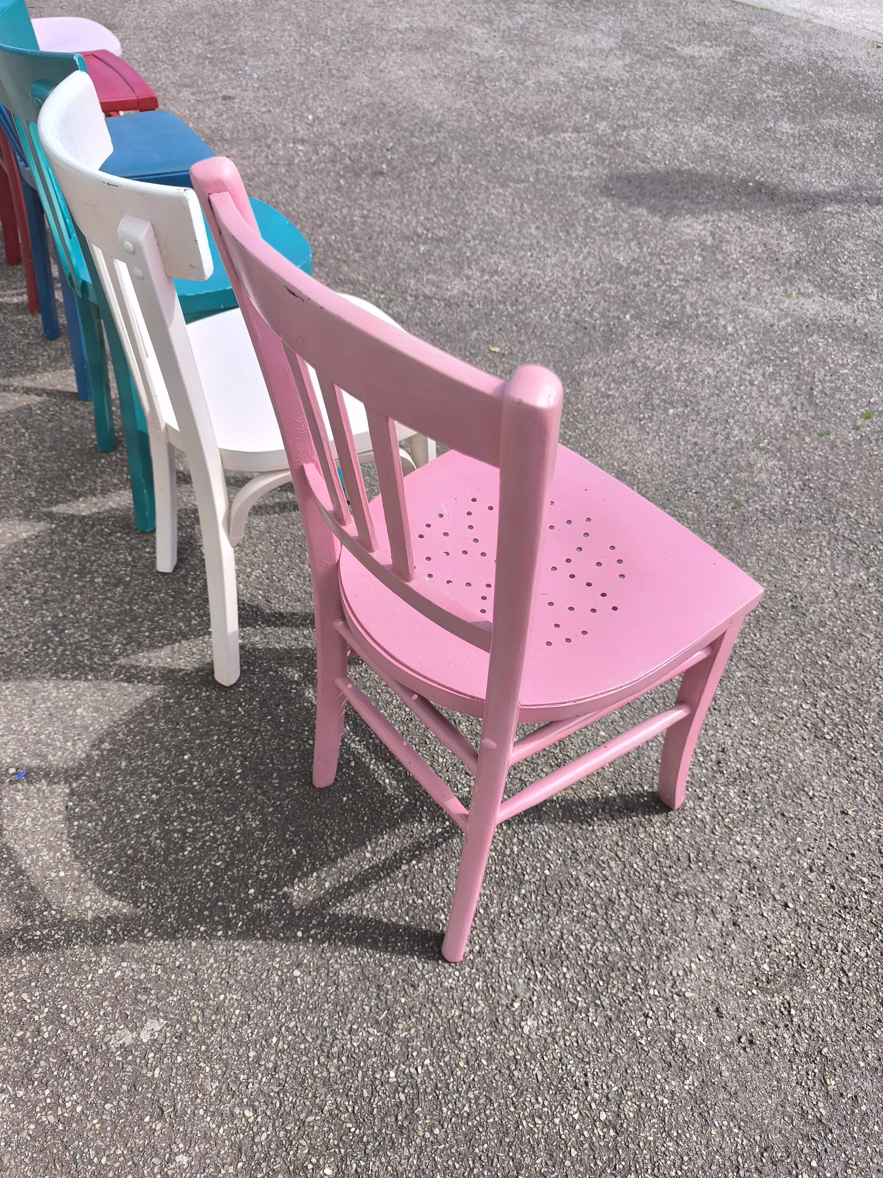 Set of 6 mismatched vintage bistro wooden chairs.