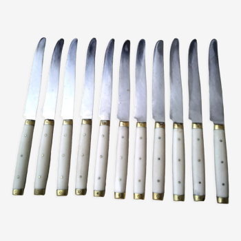 Set de 12 couteaux de table vintage Inox , bakélite et laiton