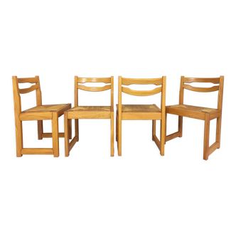 Suite of 4 vintage sleigh chairs House Regain 70s 80s in elm and straw