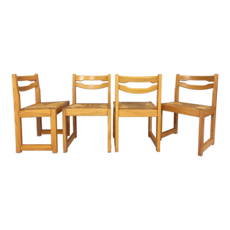 Suite de 4 chaises traîneau vintage Maison Regain années 70 80 en orme et paille