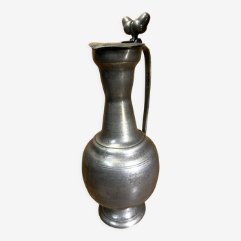 Large pitcher with lid, antique tin, fleur-de-lys, deco folk art