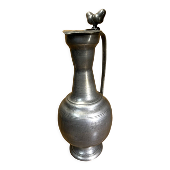 Large pitcher with lid, antique tin, fleur-de-lys, deco folk art