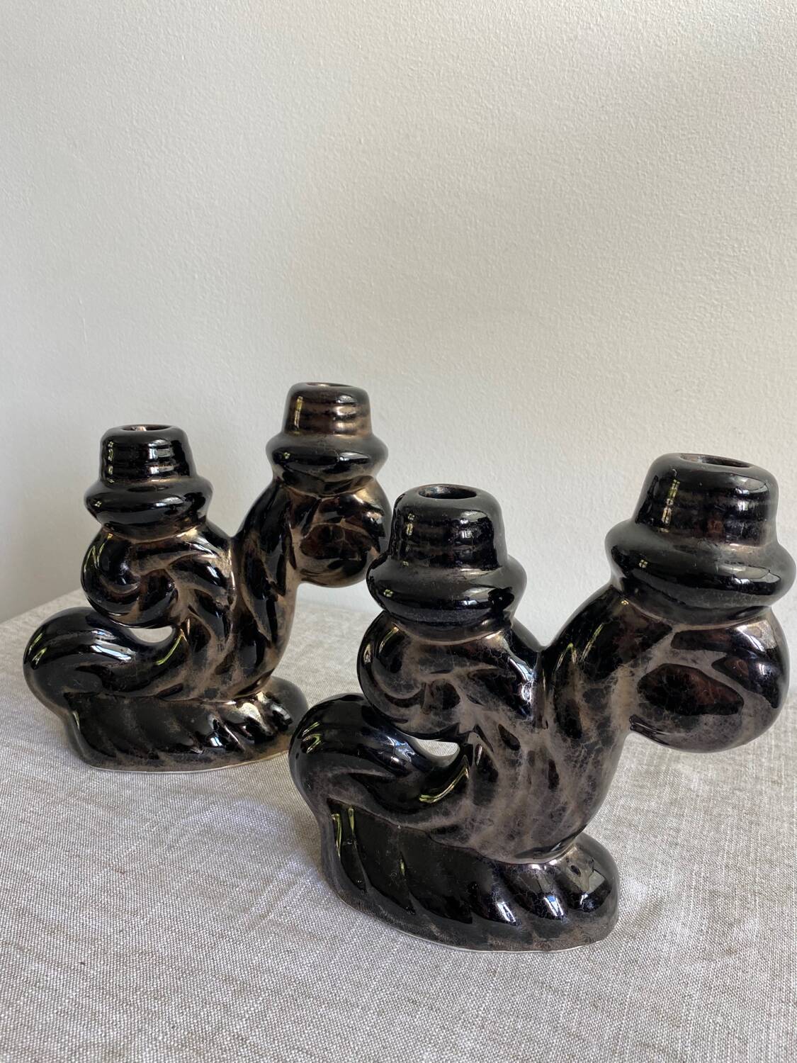 Pair of Vallauris iridescent ceramic candle holders