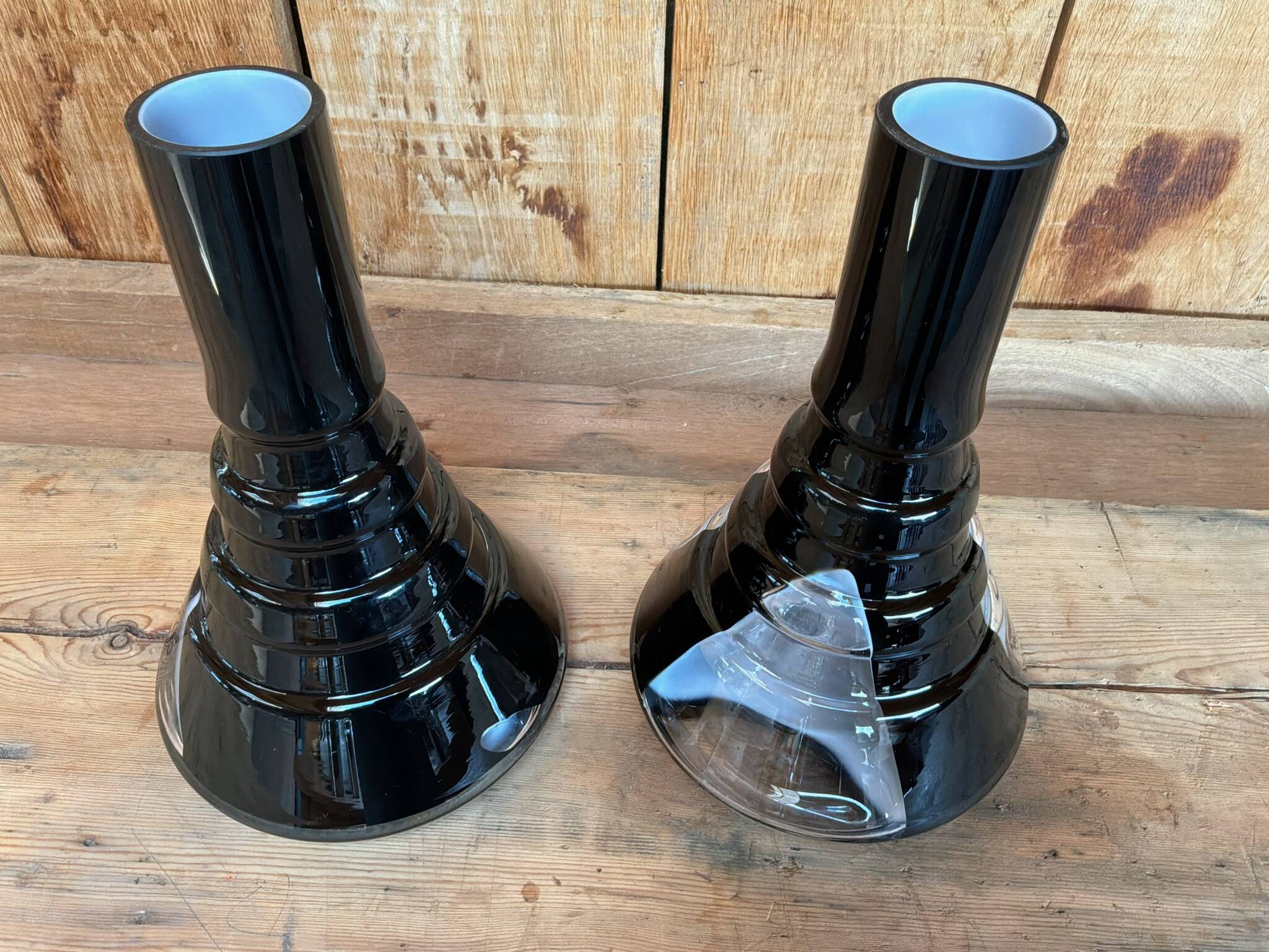 Pair of black and opaline multilayer glass vases. 1970s.
