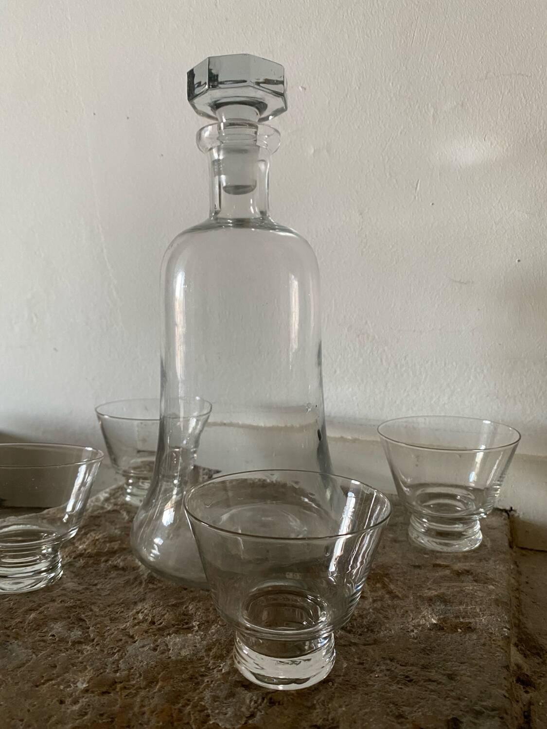 Decanter and glasses for whisky, wine, water, and liqueurs