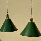 Pair of vintage industrial retro conical enamelled sheet metal pendant lights