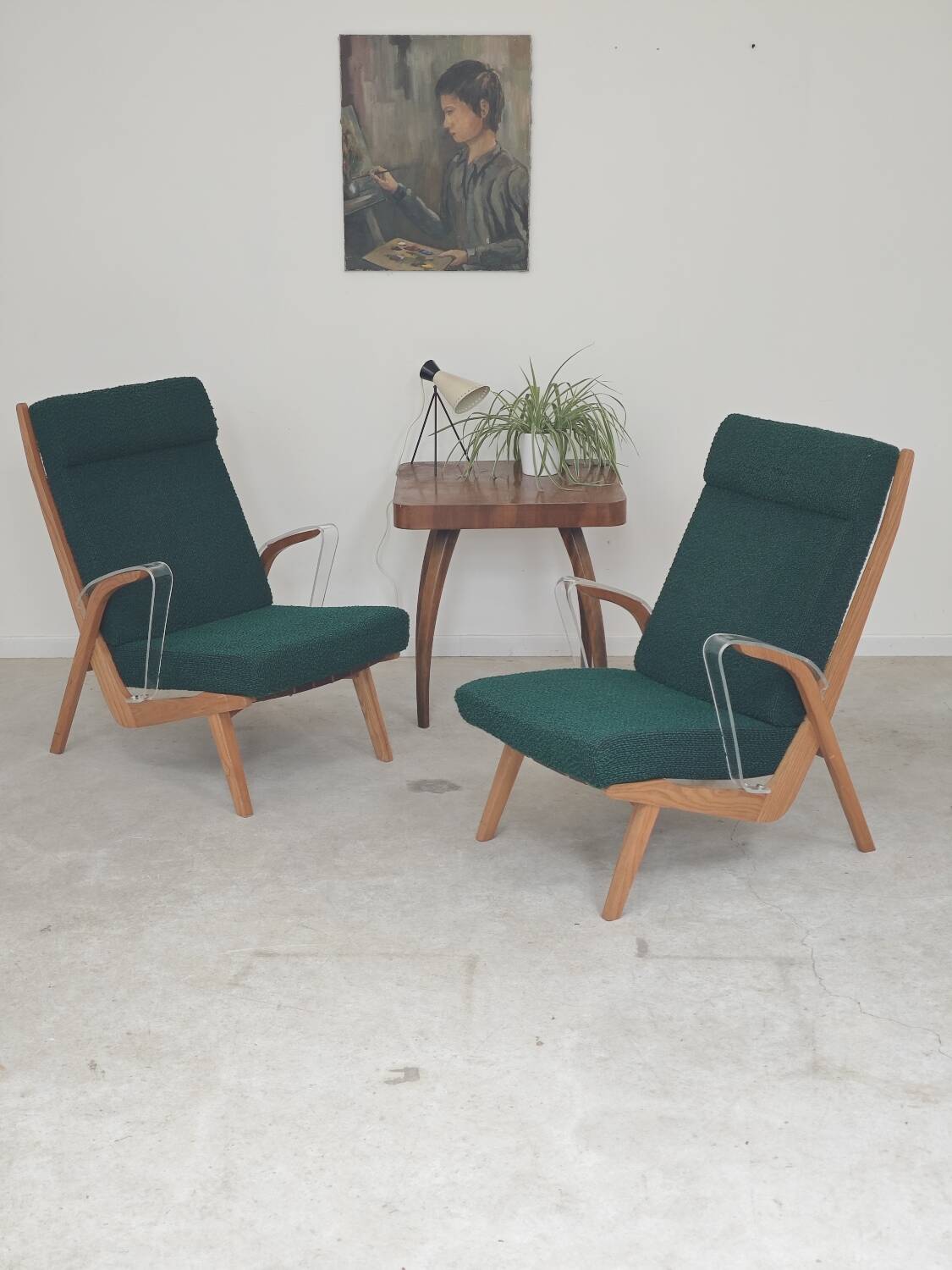 Paire de fauteuils ULUV bois et tissu vert bouclette