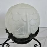 Art Deco lamp in frosted glass and wrought iron In the style of Edgard Brandt, 1930s-40s