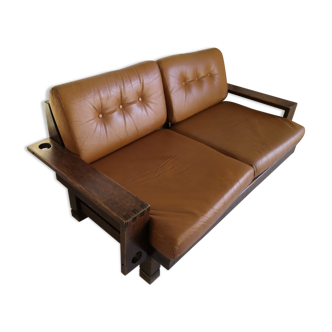 Vintage brutalist sofa leather camel 2/3 places