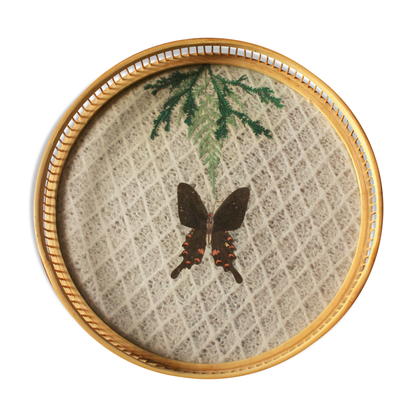 Round tray bamboo vintage butterflies