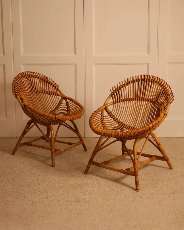 Pair of bamboo and wicker armchairs from the 1960s.