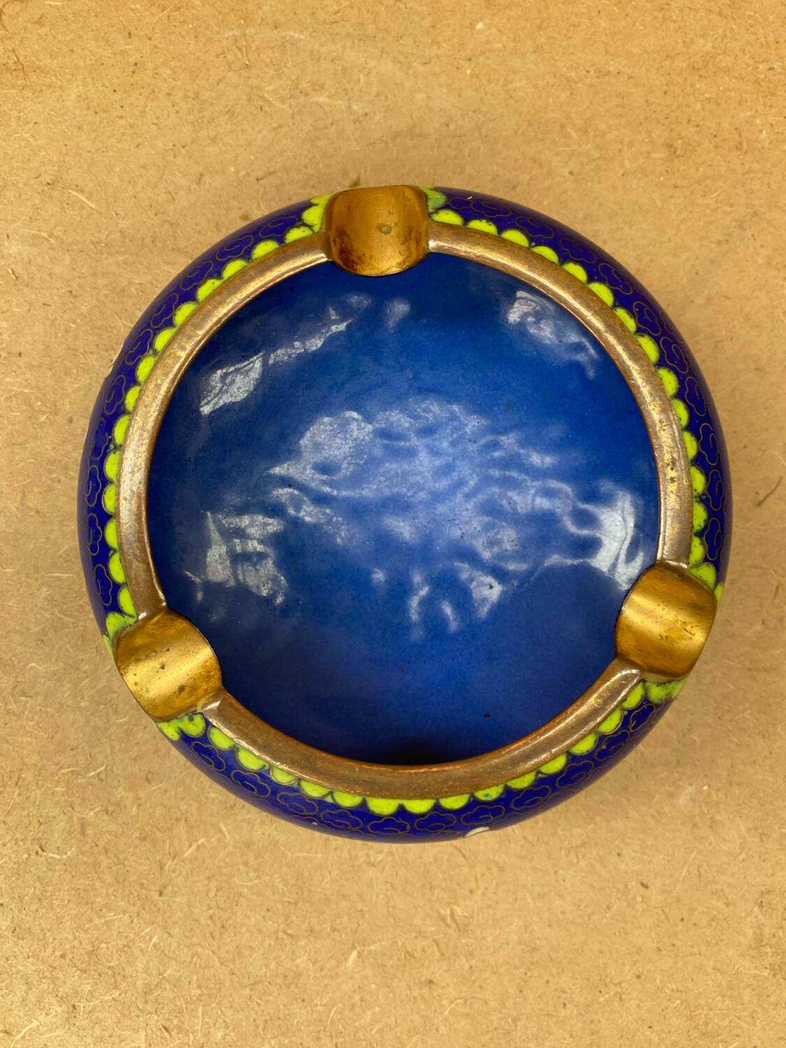 Antique Chinese Bronze Cloisonne Enamel Ashtray Vintage Flower Pattern