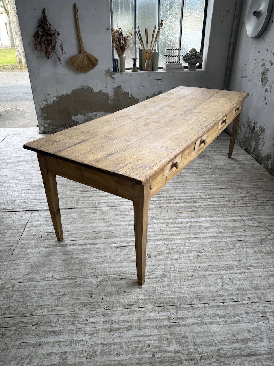 Pine and oak farmhouse table with multiple drawers, communal type, 240cm.