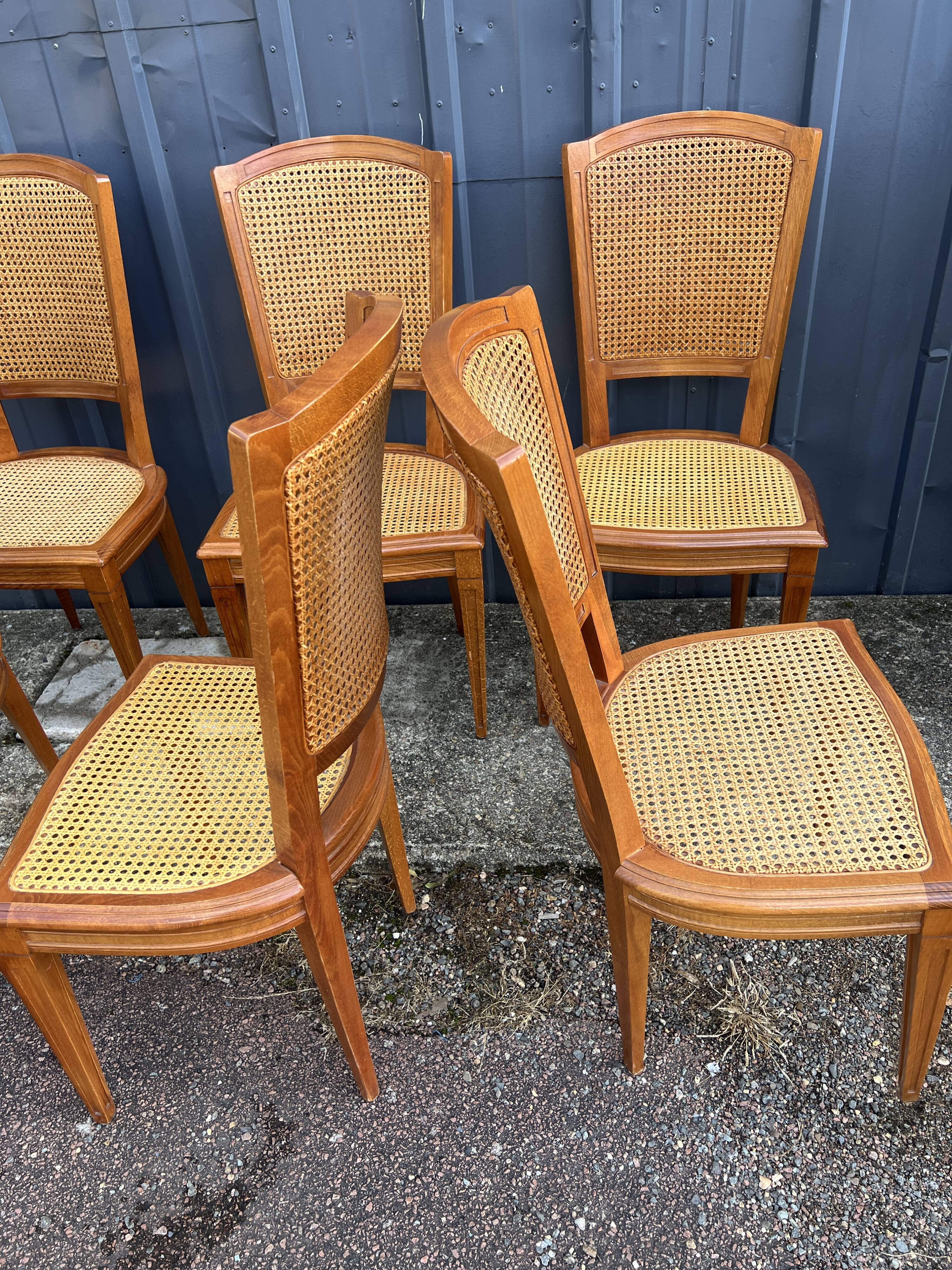 Six Art Deco chairs, 1960s, beech and cane