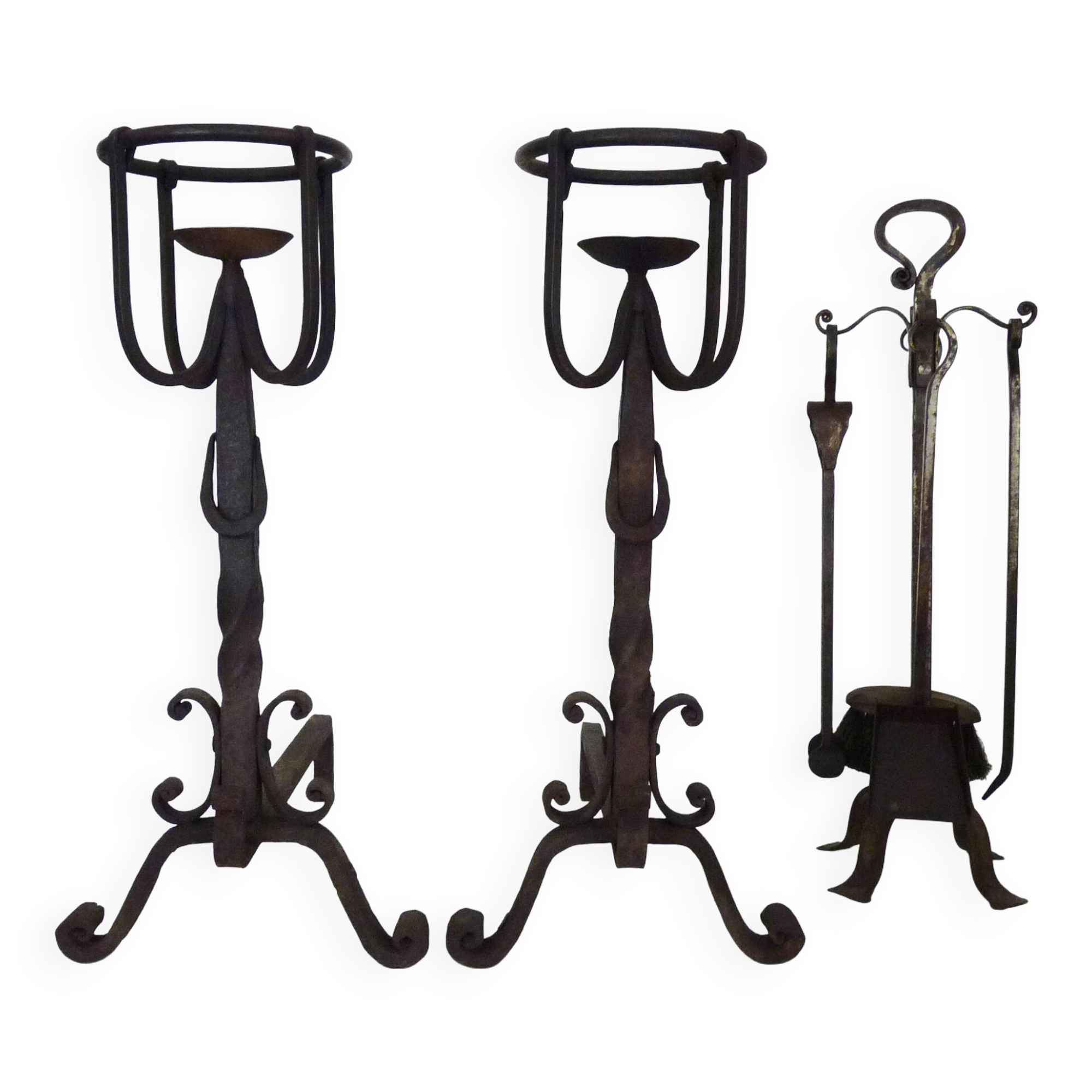 Pair of wrought iron andirons with 19th century fireplace set