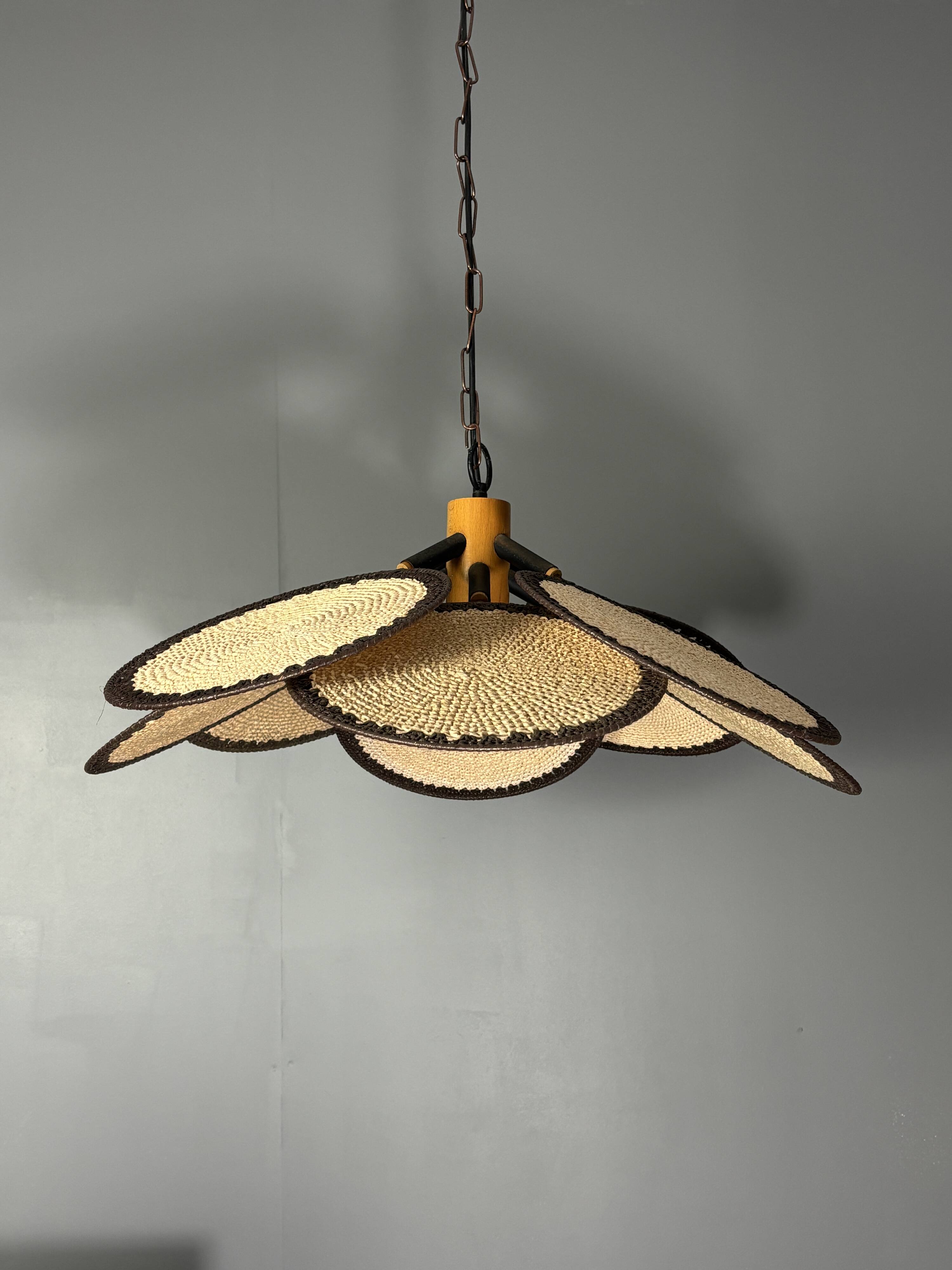 Midcentury uchiwa fan macrame fiber rattan hanging pendant lamp, 1970s