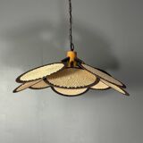 Midcentury uchiwa fan macrame fiber rattan hanging pendant lamp, 1970s