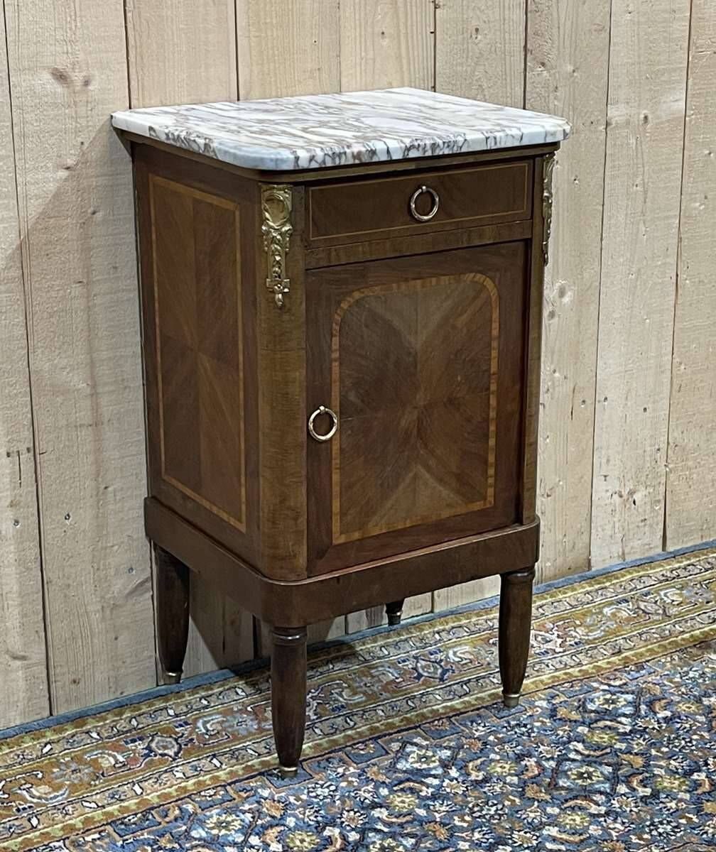 Bedside table in marquetry and white marble top, early 20th century