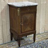Bedside table in marquetry and white marble top, early 20th century