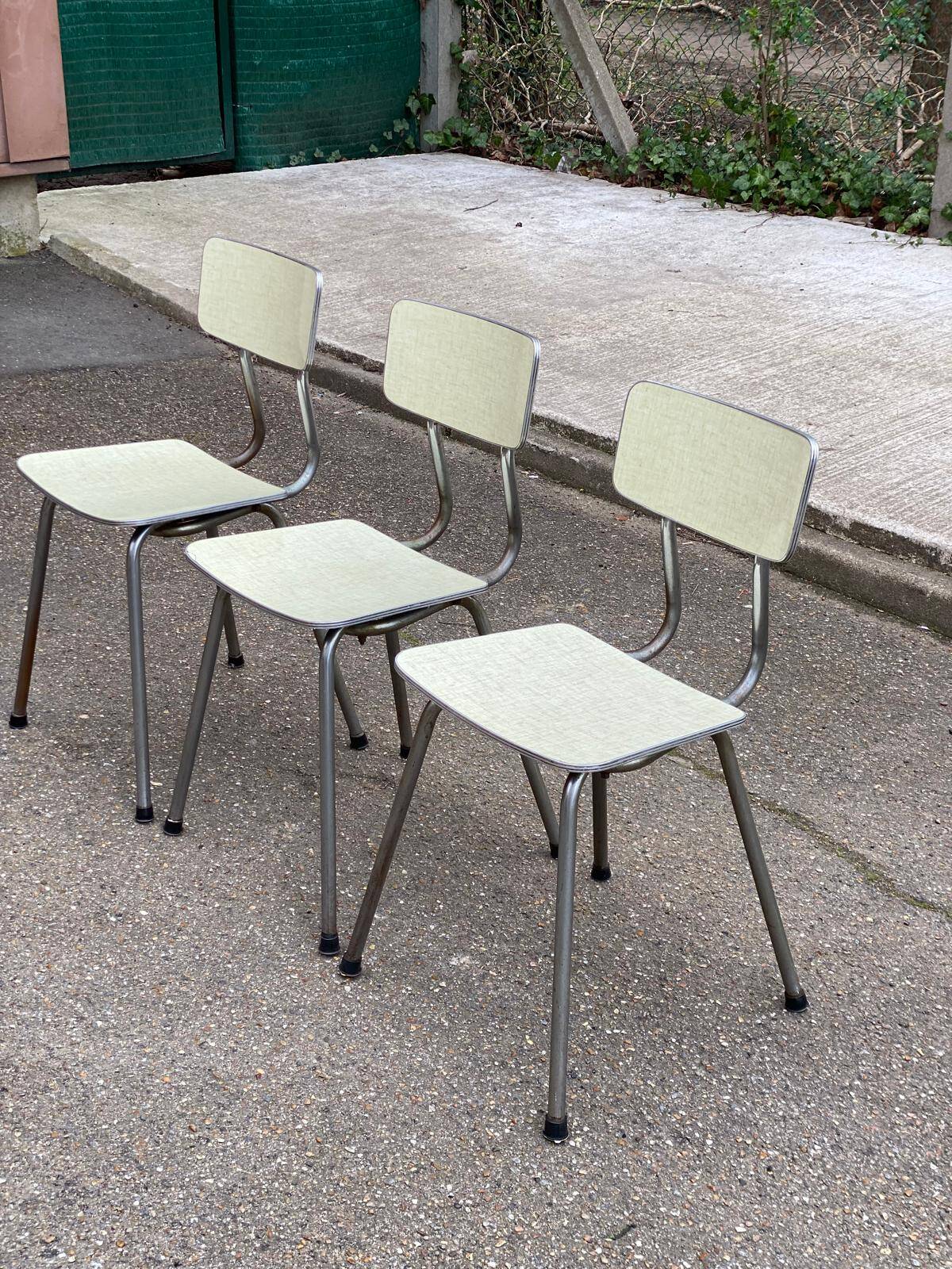 Set of 3 light green formica chairs by Plastilux from the 1950s.