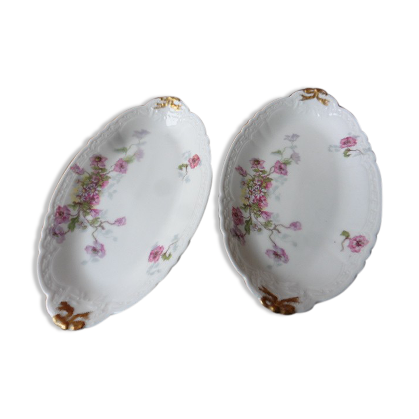 2 porcelain raviers signed Limoges SS France decoration anemones and daisies