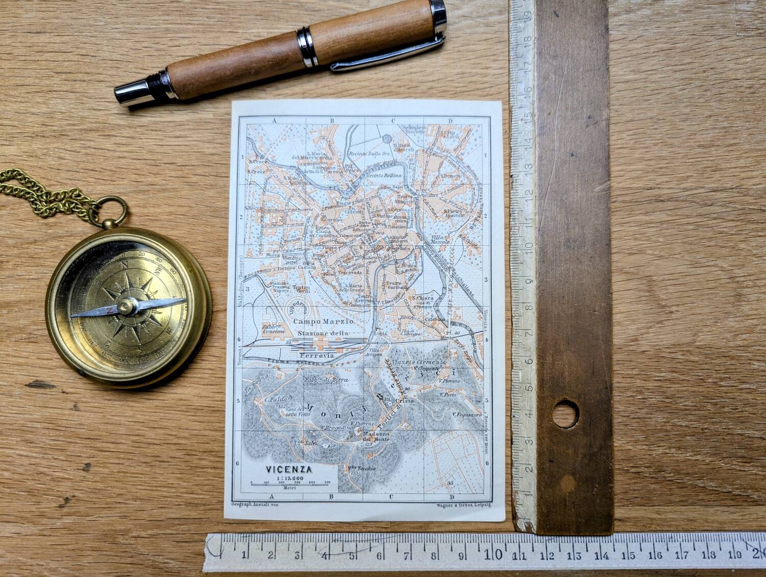 Vicenza, Italy, old map, printed in 1909. Authentic.