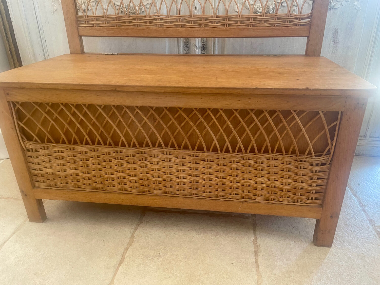 Wooden and rattan toy chest bench