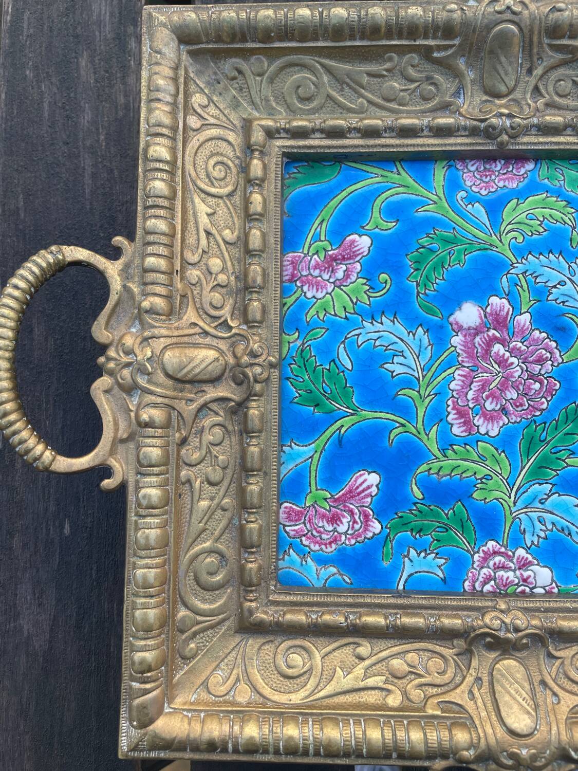 Antique bronze and faience vide-poche from Gien.