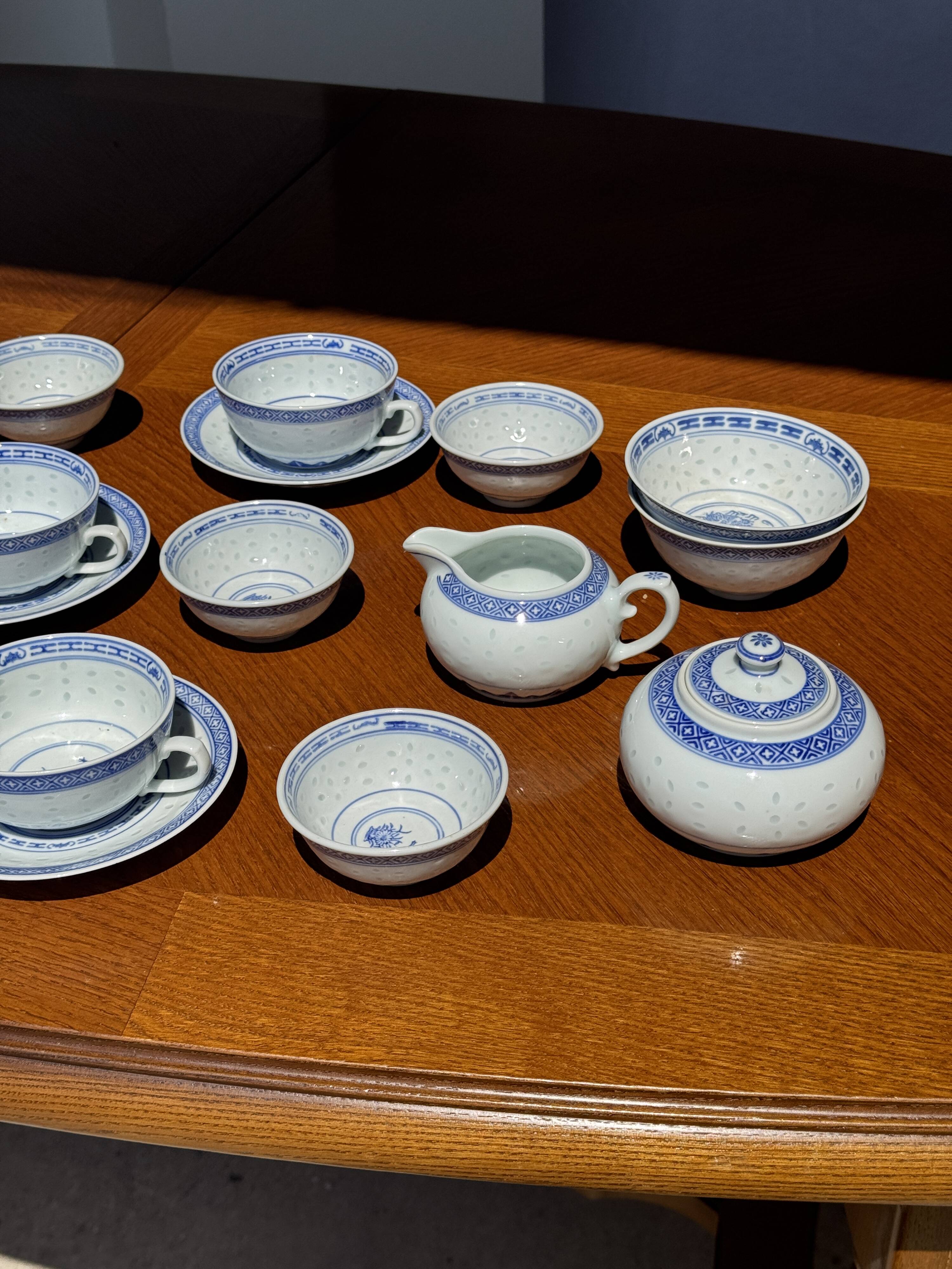 Small Chinese blue and white tea set for 6 cups and saucers.