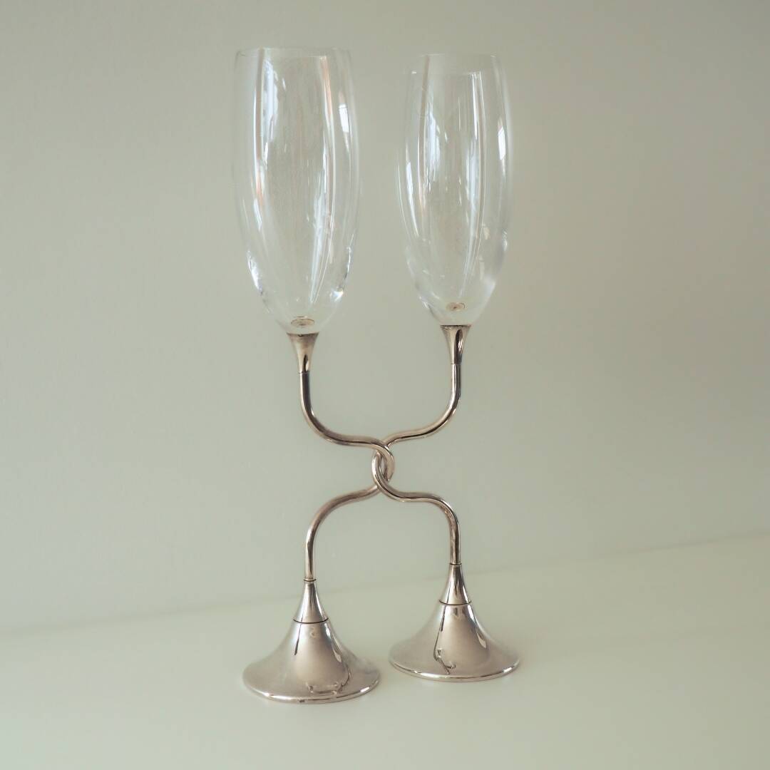 Vintage Pair of Crystal Silver Wedding Anniversary Champagne Flutes