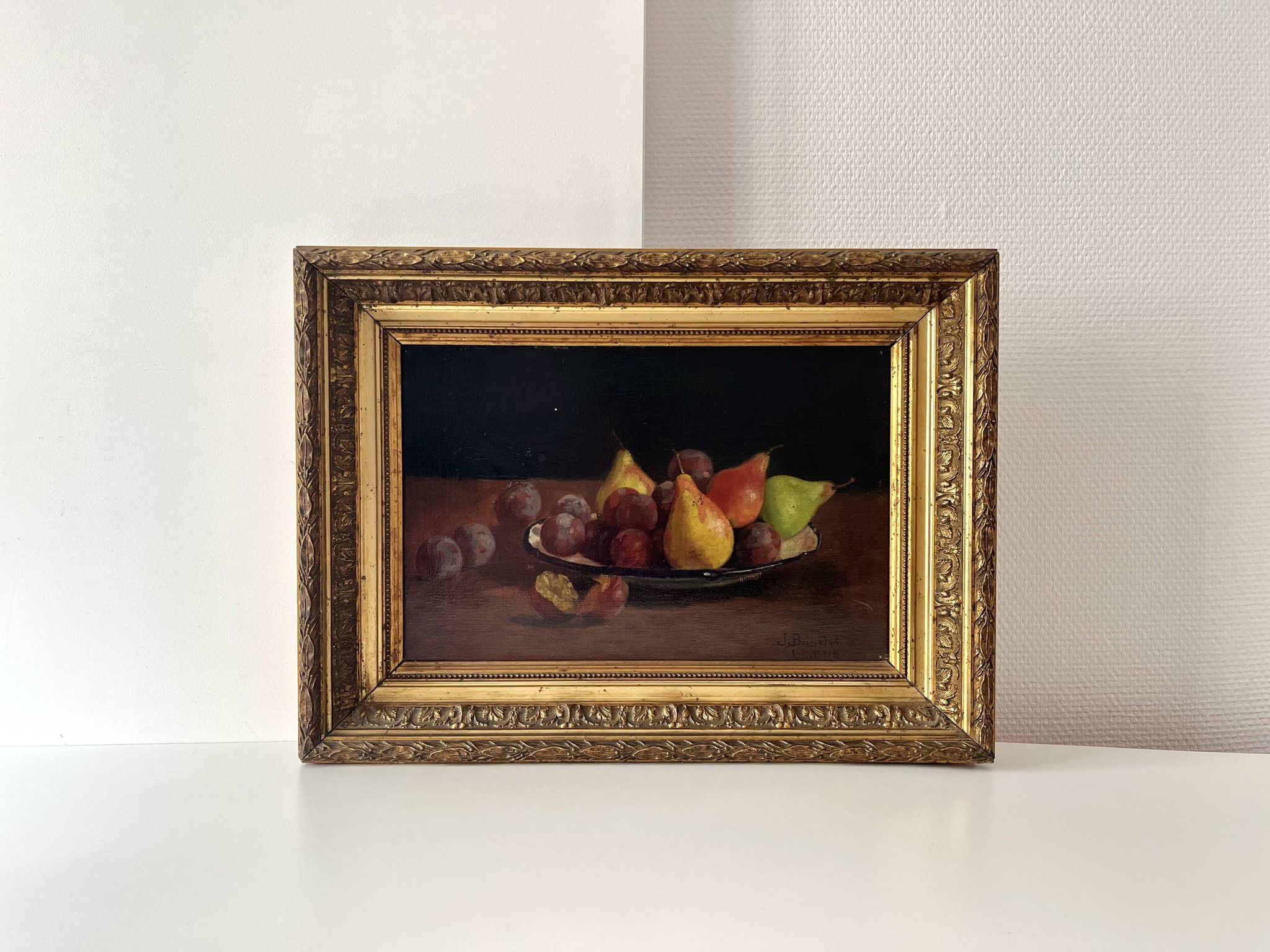 Oil on canvas of a still life with pears 1911, antique framed painting