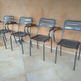 Ensemble table et 4 fauteuils bistrot jardin Tolix Xavier Pauchard  années 1950