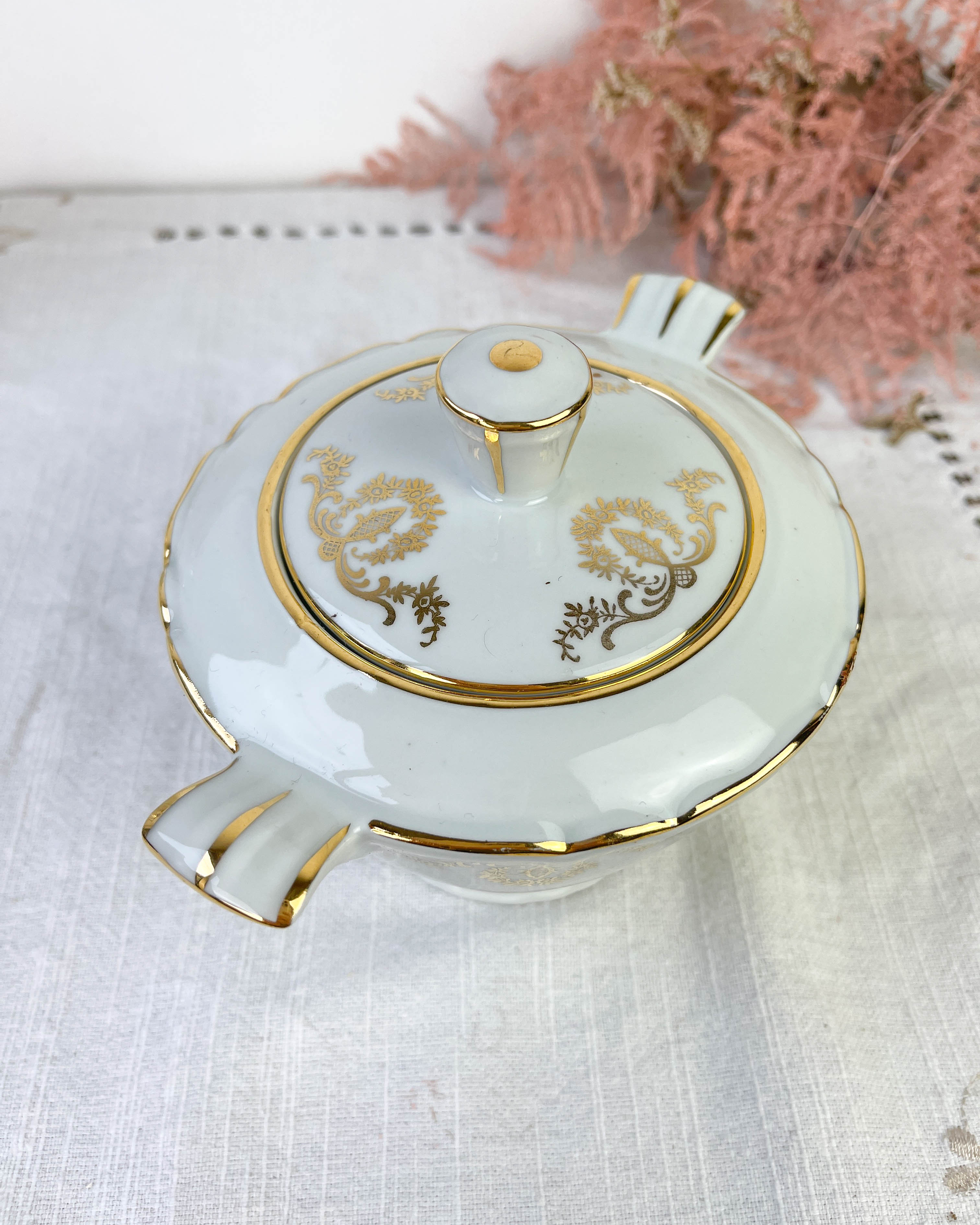 Vintage tea set in golden white porcelain CHAUVIGNY LIMOGES