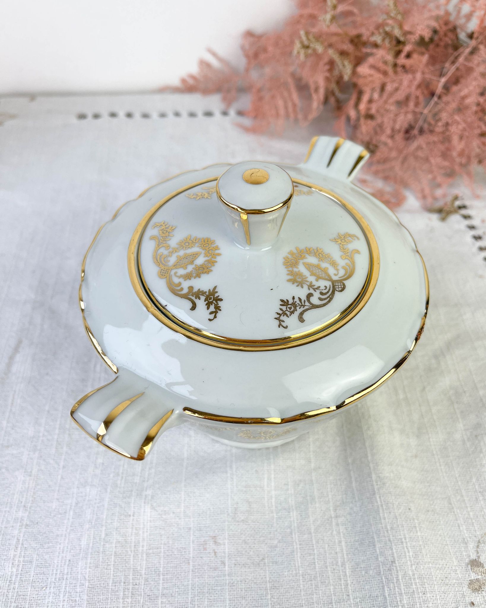 Vintage tea set in golden white porcelain CHAUVIGNY LIMOGES