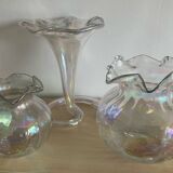 Series of 3 vintage vases in iridescent glass paste