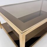 Table basse Belgo Chrome en laiton et verre fumé miroir, années 1970