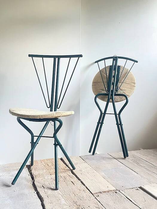 LaPalma folding chairs set of 2, dark green metal & woven cord, Italy, 1970s