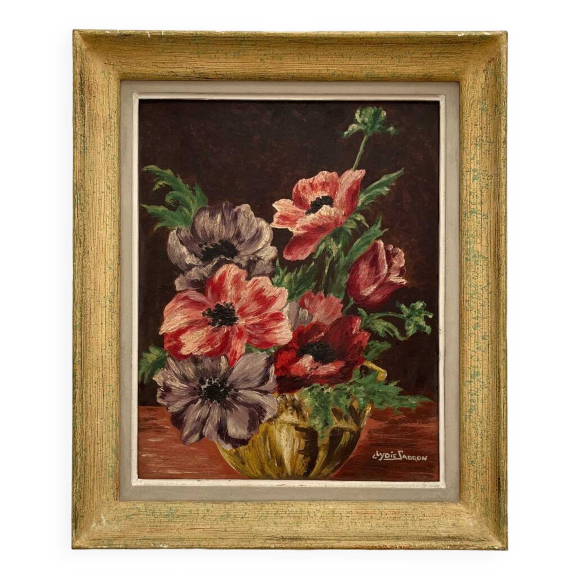 Antique painting, oil on cardboard, bouquet of anemones, signed