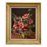Tableau ancien peinture huile sur carton bouquet de fleurs anémones signée