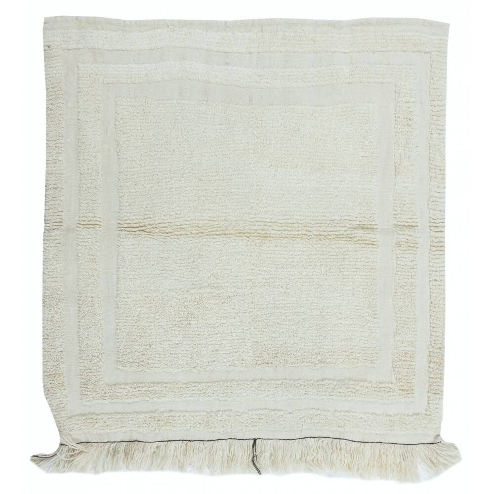 Vintage Minimalist Hand Knotted Turkish Tulu Accent Rug Made of Natural Beige Wool