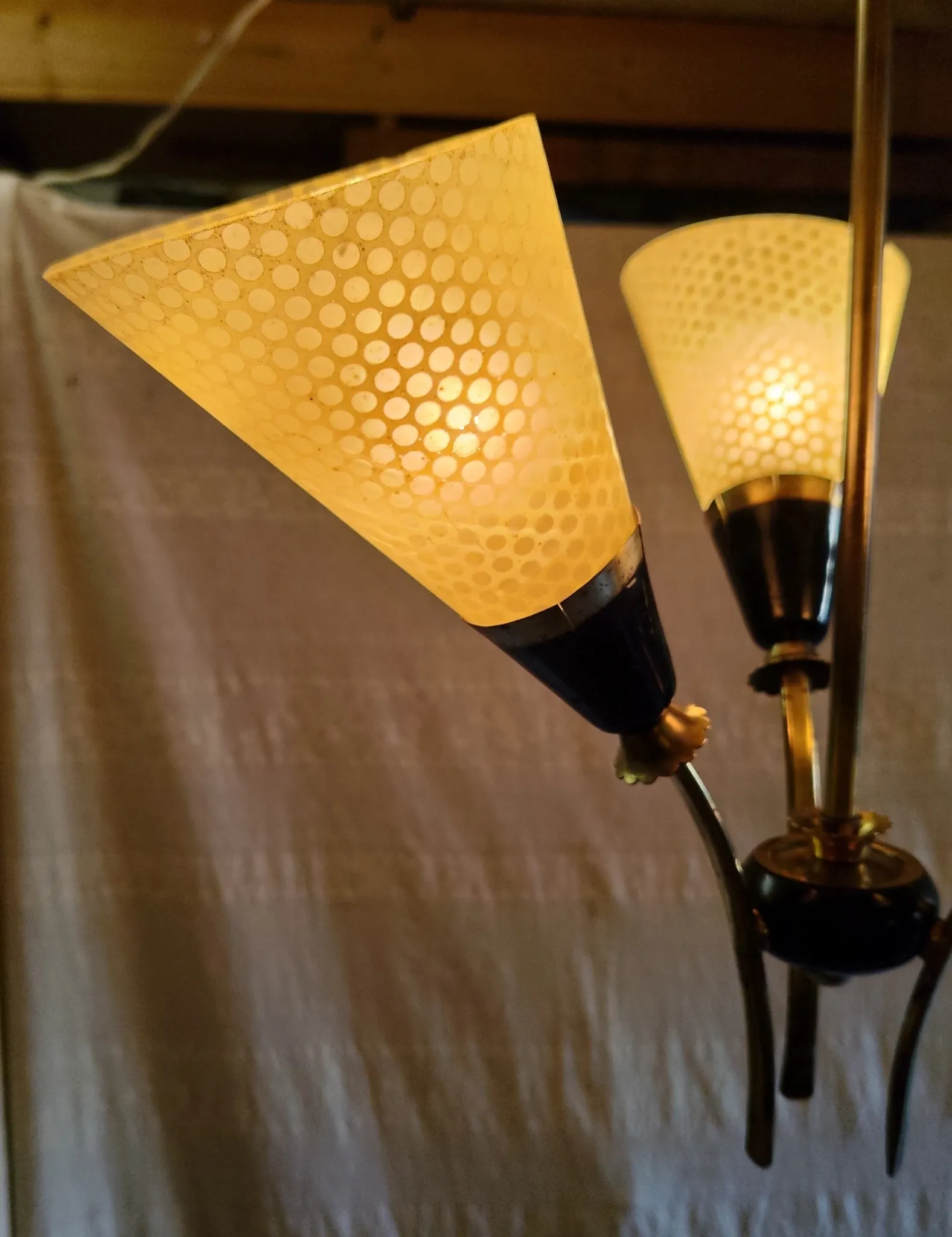 Brass and glass chandelier with 3 lights - 1950s
