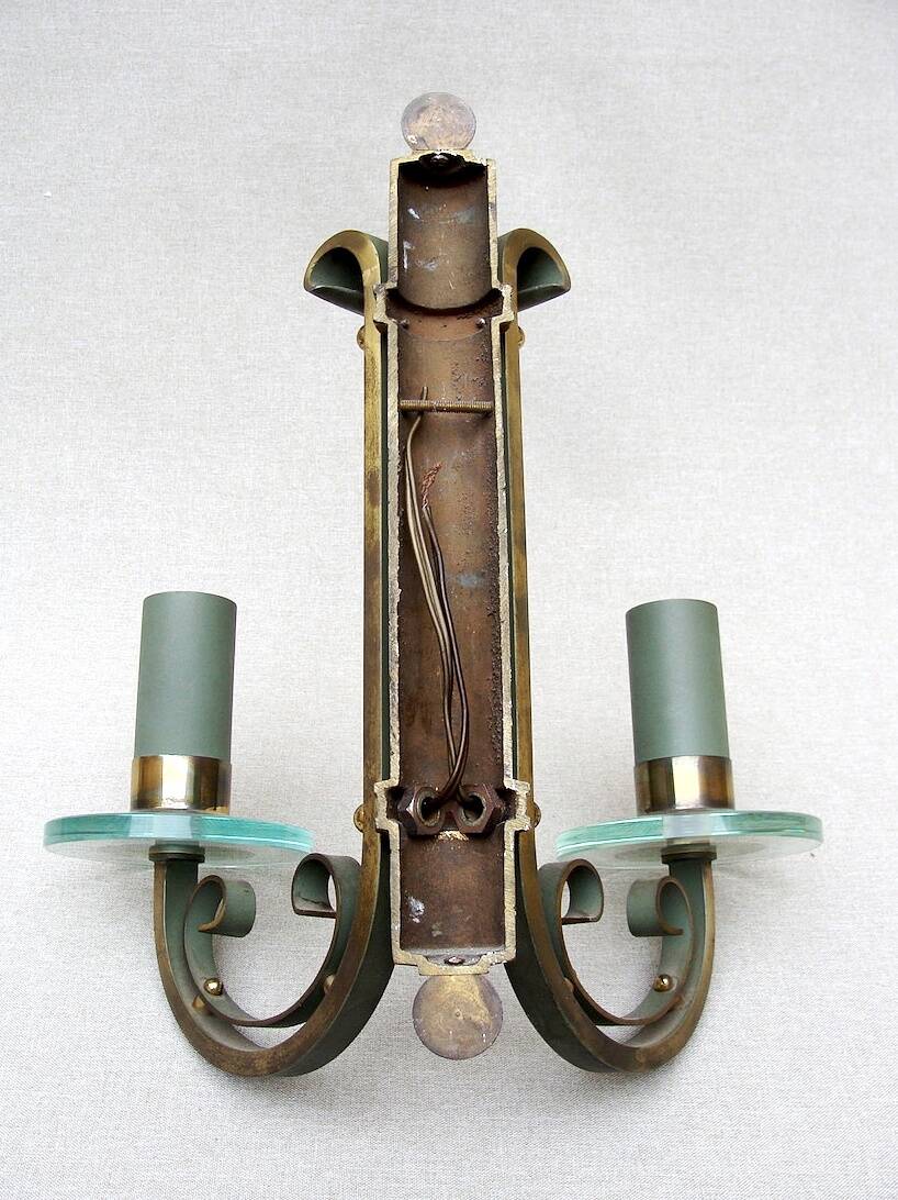 Pair of art deco lacquered metal, brass and glass wall lights