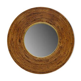 Round mid century modern mirror with wicker frame 100cm
