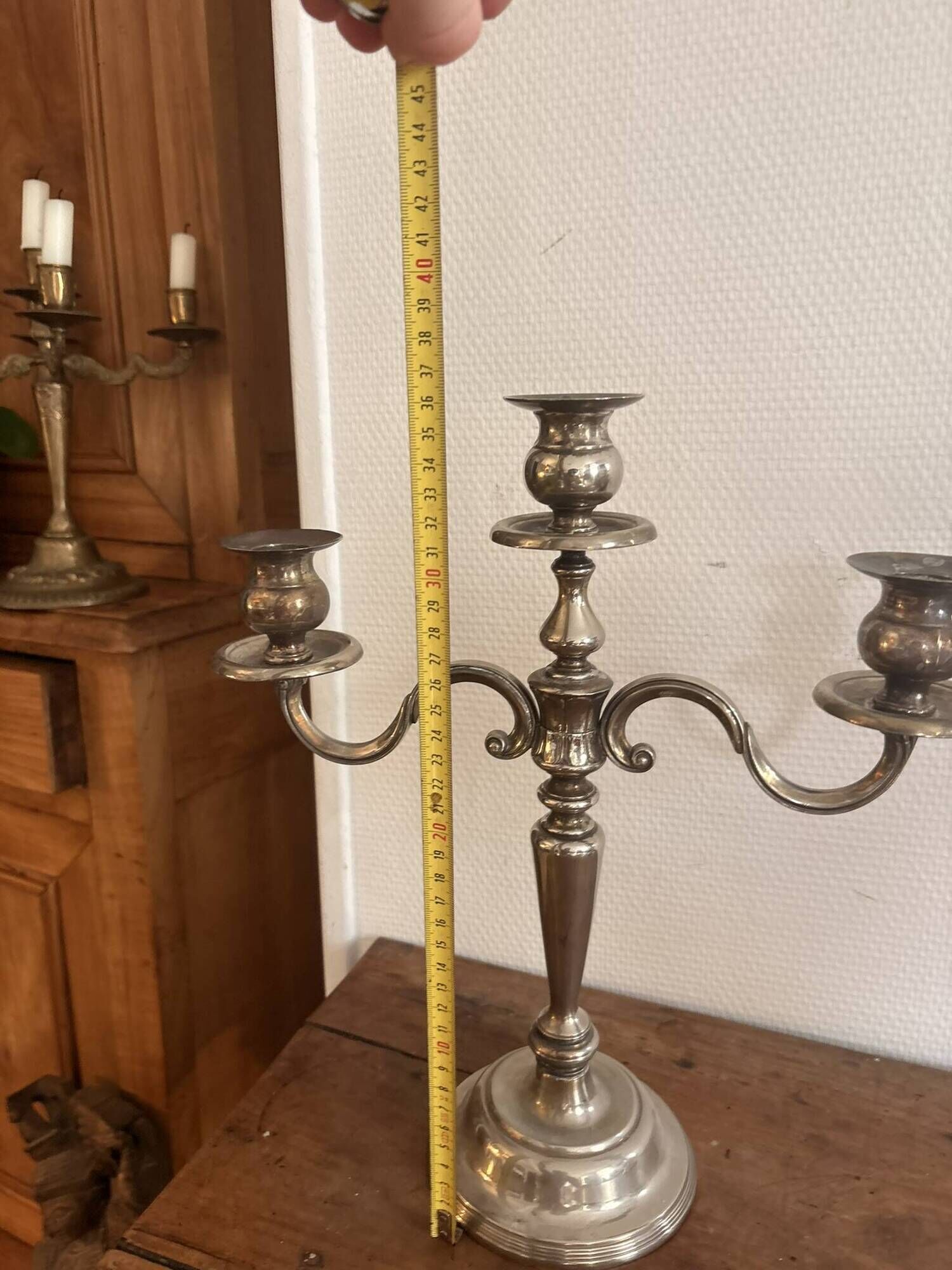 Antique Pair of 3-Light Candelabra Silver-Plated Metal Louis XV Rococo Style